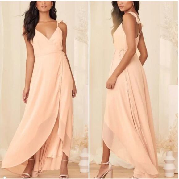 LULUS Here's To Us Pink Pastel Ruffle Hi-Low True Wrap Maxi Dress Size Small S - Picture 7 of 7